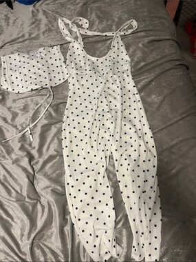 White Polka Dot Jumpsuit with Matching Waist Tie